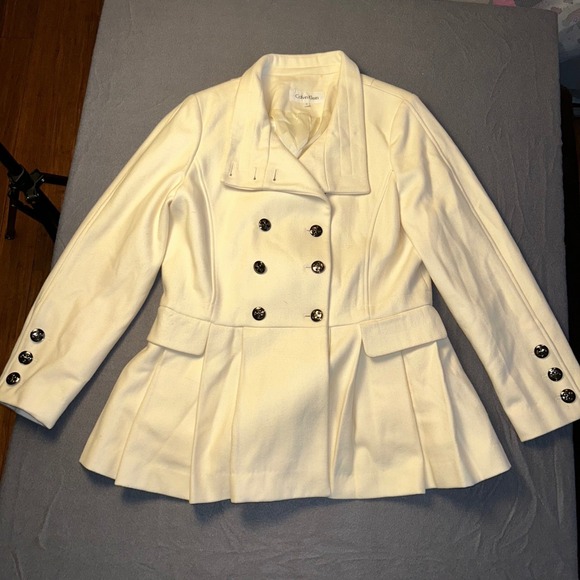 Calvin Klein Peplum Coat Ivory Double Breasted Pleated Jacket Size 12 - Picture 1 of 16